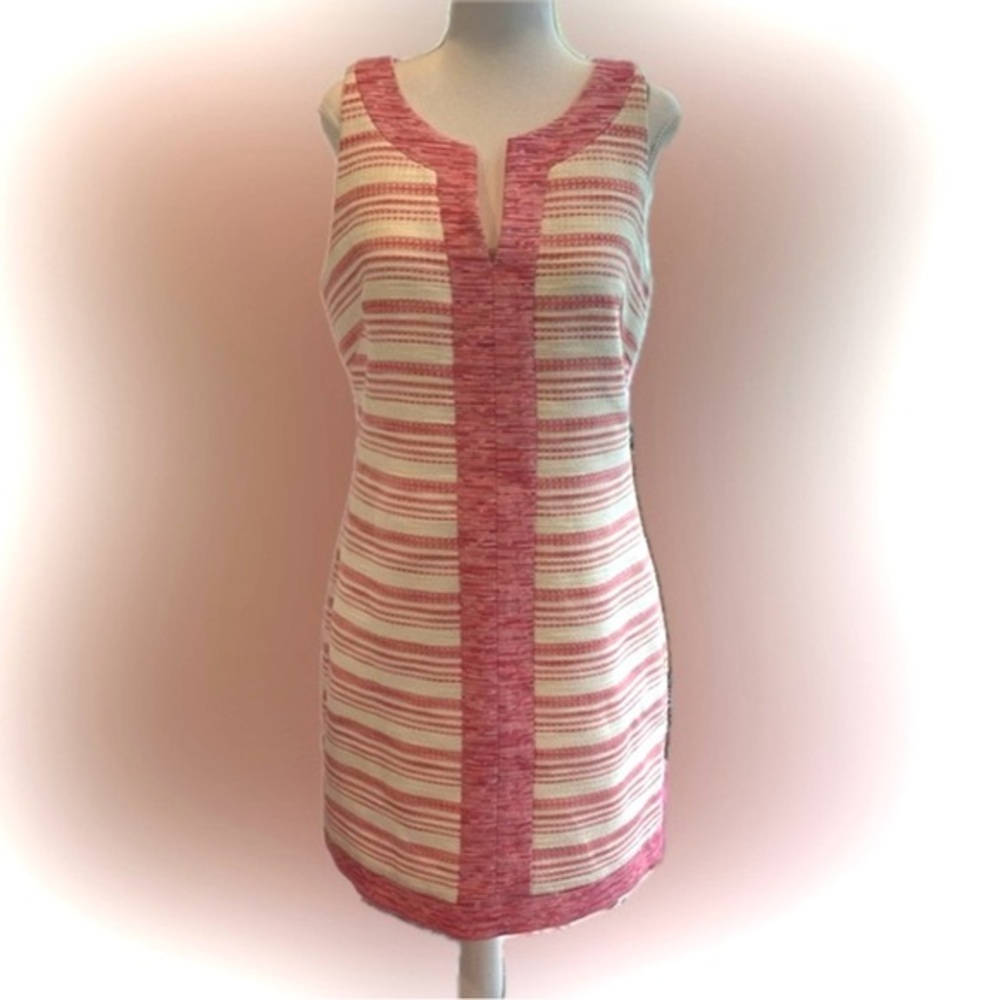 Trina Turk tweed pink, red, cream tweed shift dress. NWOT 10
